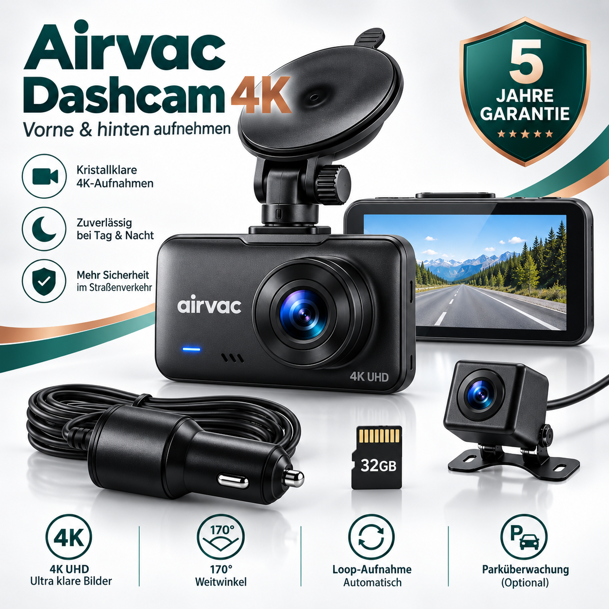 Airvac Dashcam Komplettset mit Frontkamera, Rückkamera und Zubehör