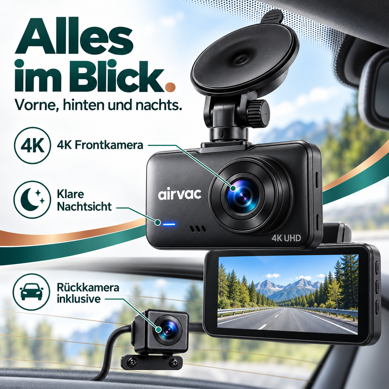 Dashcam bei Nacht mit klarer Sicht auf die Strasse