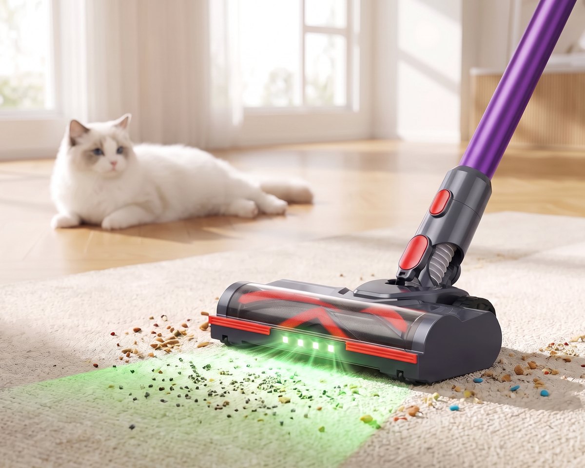 Polaro V16 floor brush picking up litter from a rug