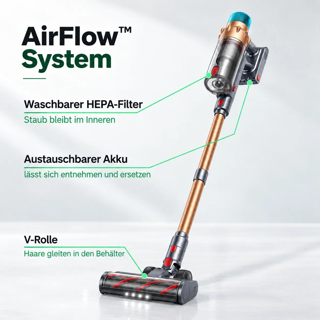 Airvac V18 an seiner Wand-Ladestation im Flur