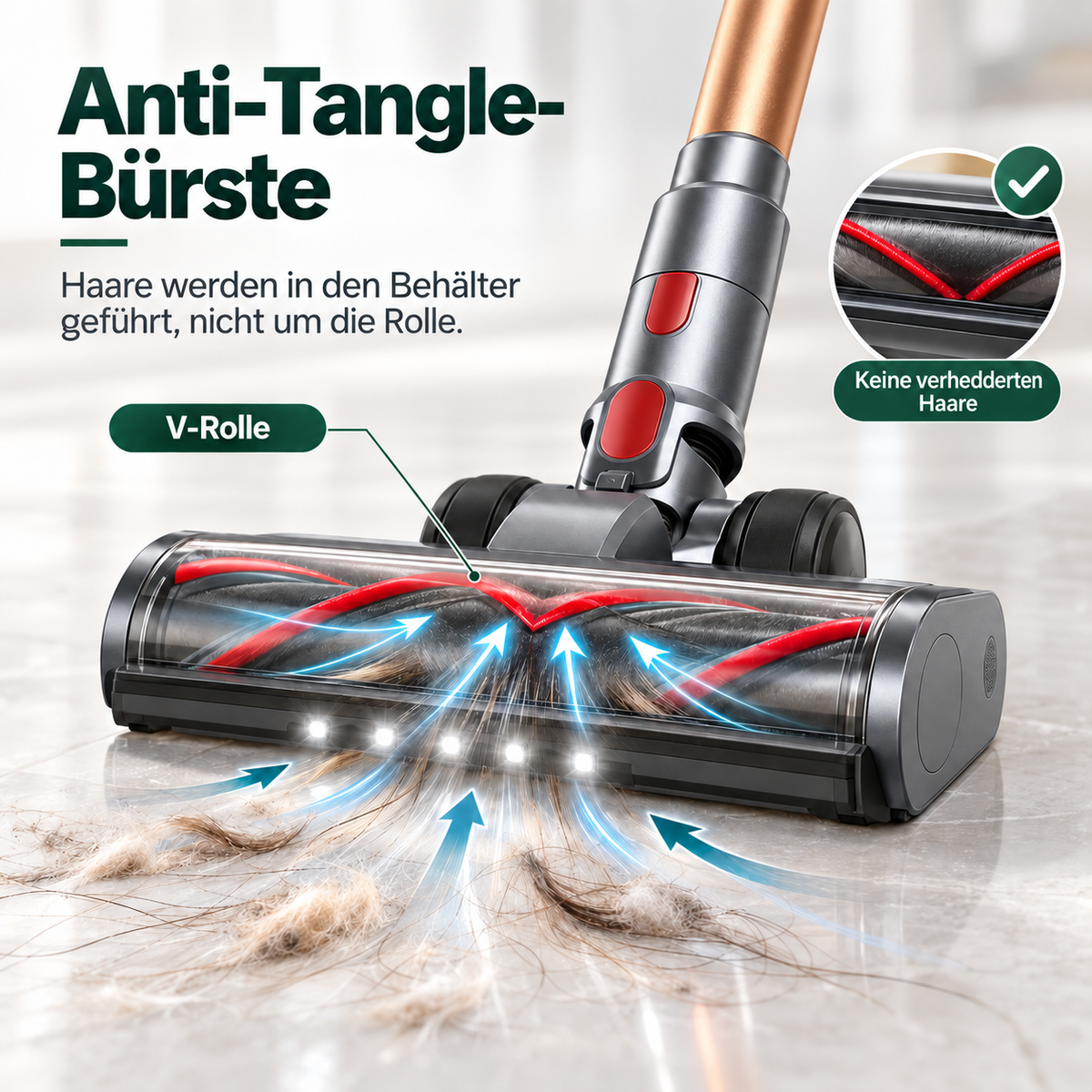 Anti-Tangle-Bodendüse des Airvac V18 mit grünem LED-Licht