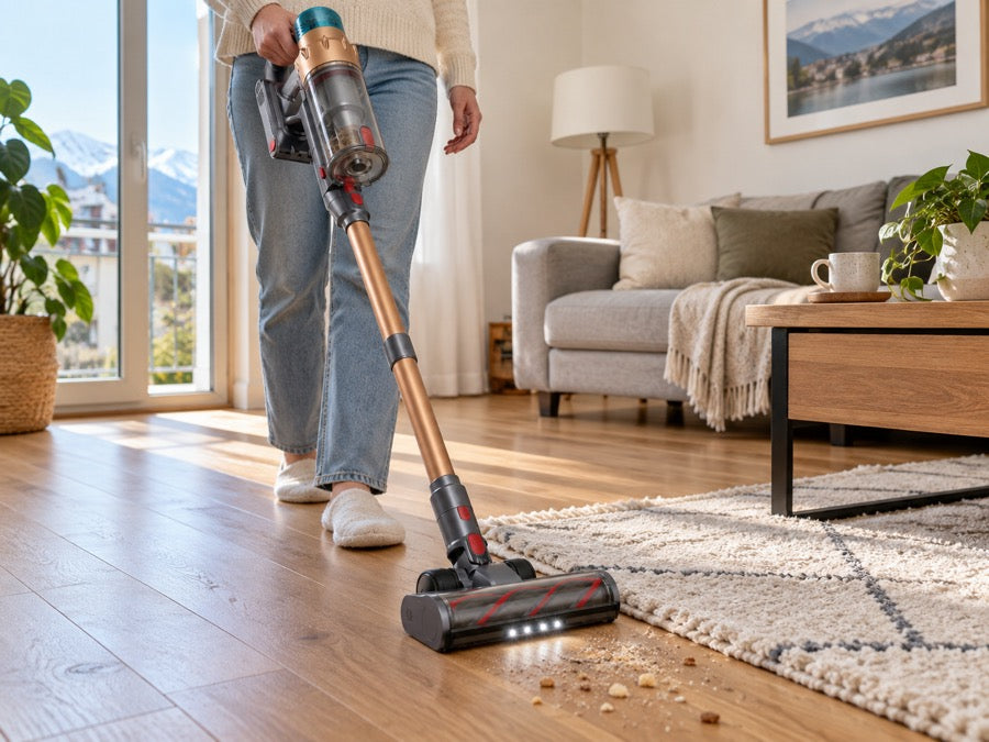 Airvac V18 im Wohnzimmer beim Reinigen von Krümeln am Teppichrand