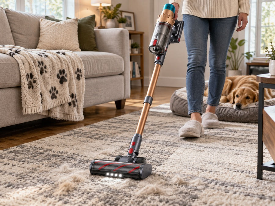 Airvac V18 beim Entfernen von Tierhaaren auf einem Teppich