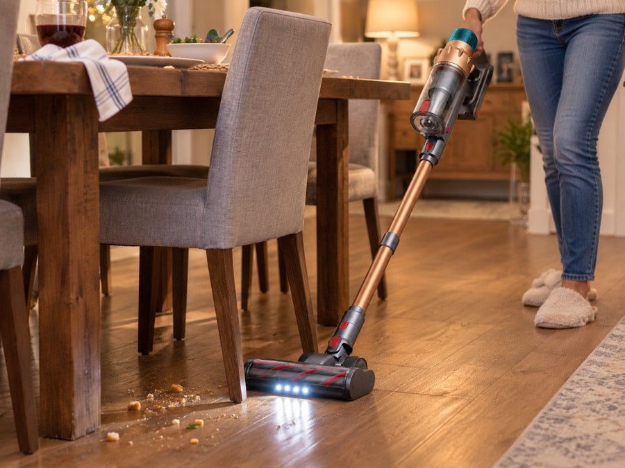 Airvac V18 unter dem Esstisch nach dem Abendessen