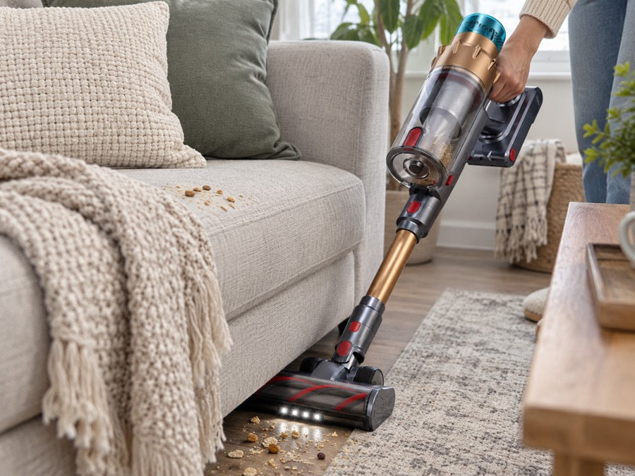 Airvac V18 am Sofa bei Krümeln und Staub im Alltag
