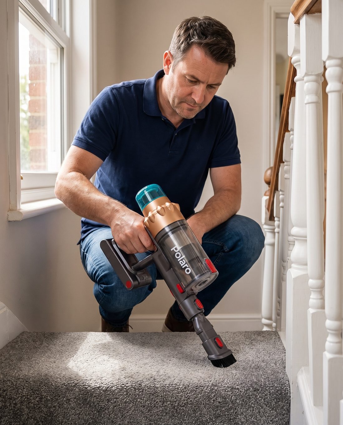 Cleaning stairs with the Polaro V18 in handheld mode