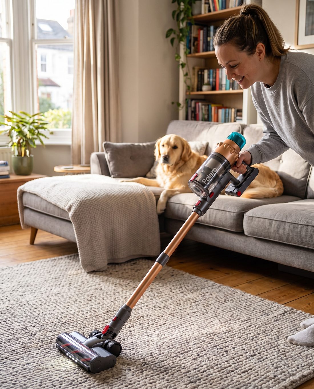 Vacuuming a living-room rug with the Polaro V18